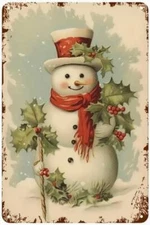 Vintage Retro Style Snowman Holly Berry Metal Sign Primitive Snowman Sign