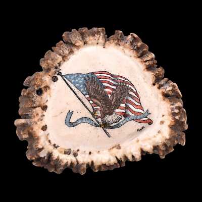 God Bless America USA Flag & Eagle Deer Antler Carving Vintage Belt Buckle