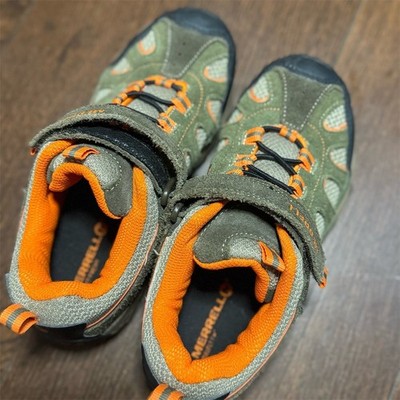 Merrell Girls Hiking Trail Shoes Olive Green Orange Hook & Loop Size 3