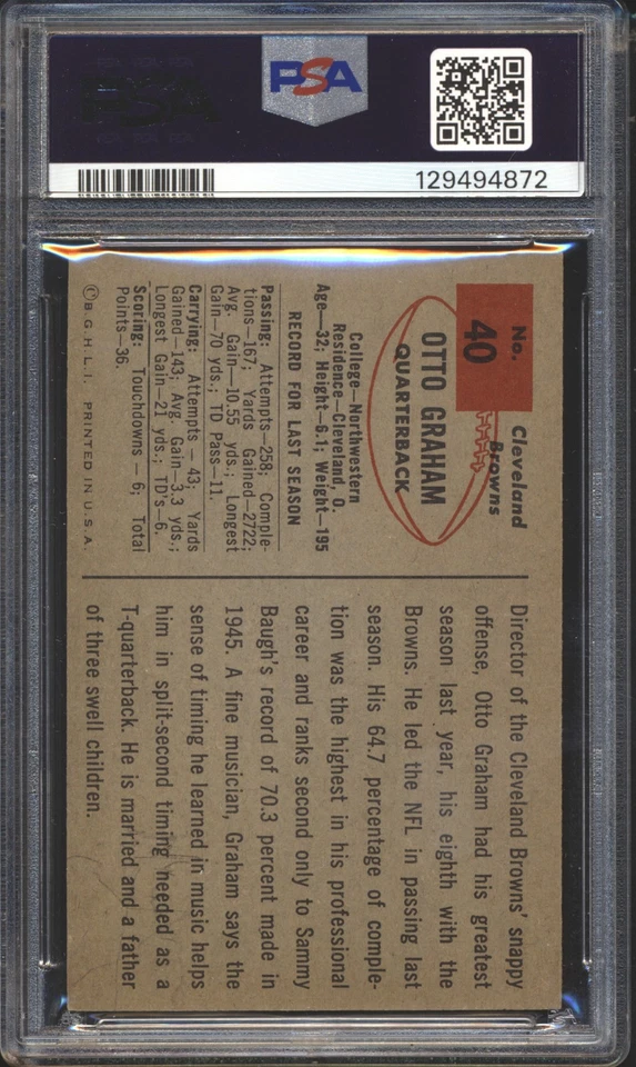 1954 Bowman Football Otto Graham #40 PSA 8 CLEVELAND BROWNS NM-MT HOF - Image 2 of 2