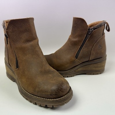 BullBoxer Dorian Stacked Wedge Boots Womens 6 Brown Cognac Leather Side Zip