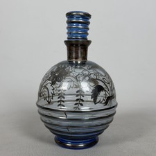 Bouteille En Verre Murano Bleue Décoration En Argent Florale Vintage Années 40