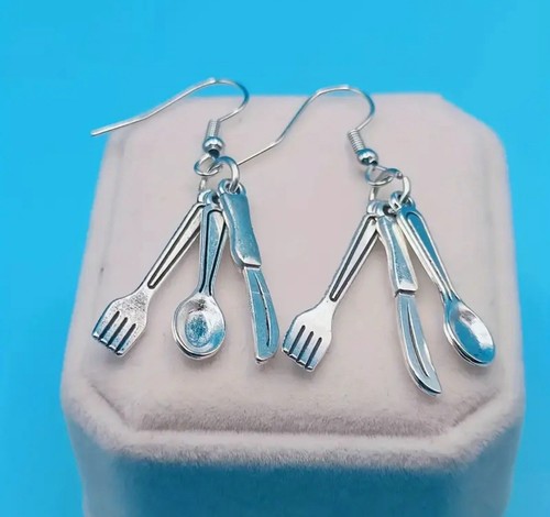 Boutique Utensil Spoon Fork Knife Silver Charms Chef Cooking Earrings ☂️ - Picture 3 of 5