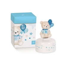Carillon ORSETTO CELESTE con palloncini in porcellana 12.5 cm BOMBONIERA 1FA3