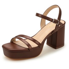 IDIFU Brown Heels Platform Chunky Block Strappy High Heels Brown Pu, 5.5 