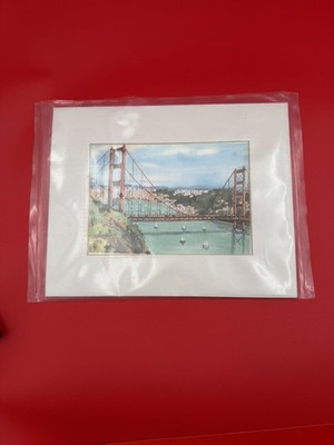 Ellie Marshall Watercolor Print Framed San Francisco Bridge Landmark Matted
