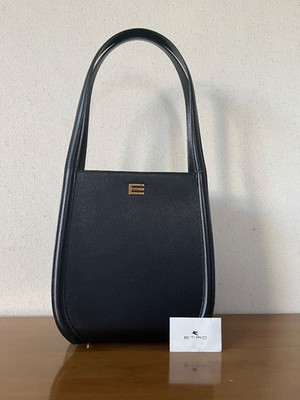 Etro Vhtf Model Black Leather Handbag Shoulder Genuine Tote Women Rare Luxury De