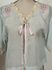 Vintage 1920s Baby Blue Lace Sheer Muslin Bed Jacket Flapper Embroidered Florals