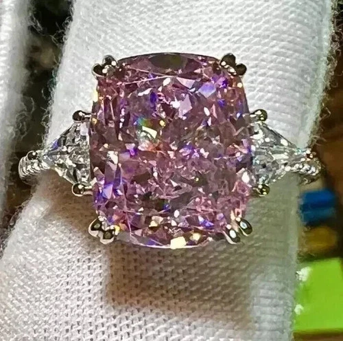 4Ct Cushion Cut Lab Created Pink Diamond Engagement Ring 14K White Gold Plated