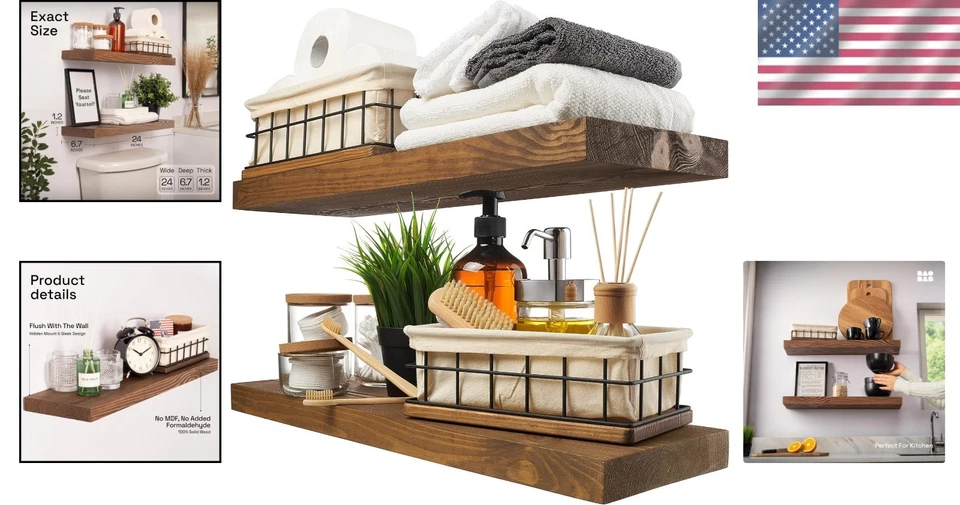 Rustic Dark Walnut Floating Shelves Set - 24 Inch - Image 2 of 4