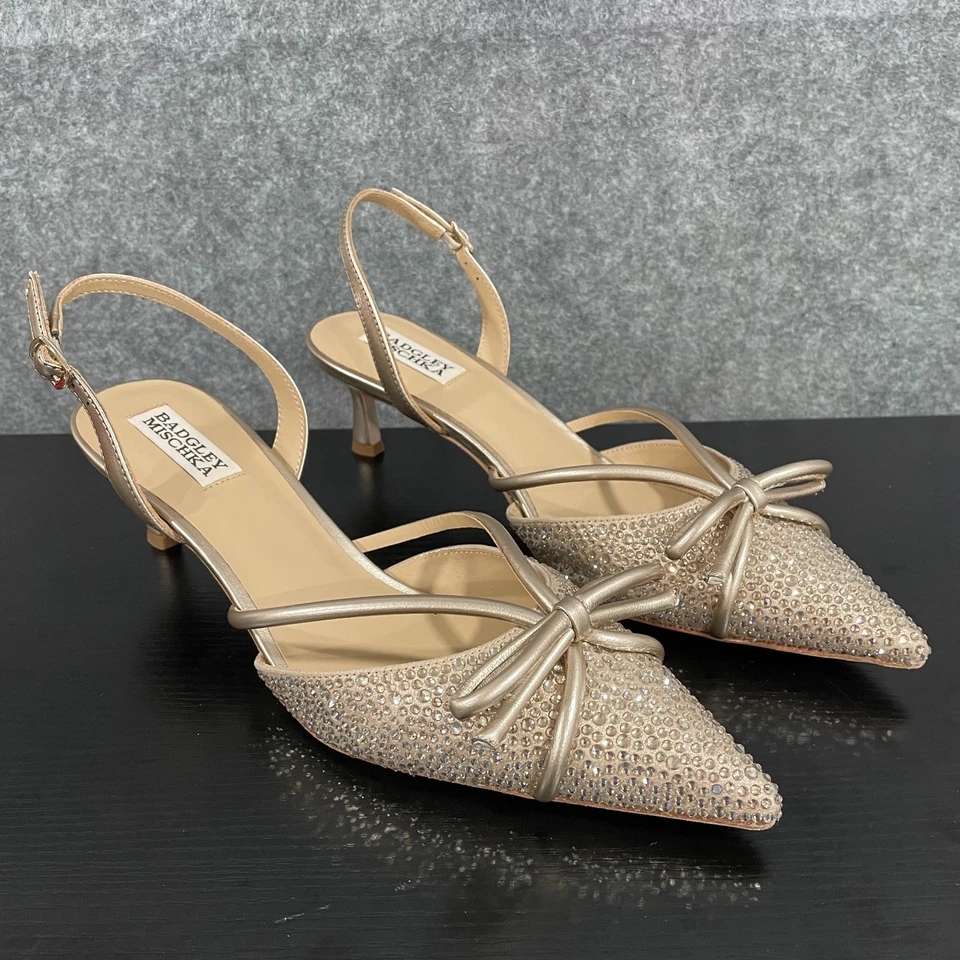 Badgley Mischka Angelina Kitten Heels 9M Champagne Silk Rhinestone Party Wedding - Image 3 of 4