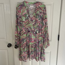 Lulu B Long Sleeve Floral Midi Dress Size Large Green Pink Preppy Tassel Dress