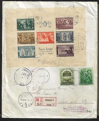 HUNGARY TO US FDC ST. STEPHAN 900th ANNIVERSARY REGISTERED COVER 1938