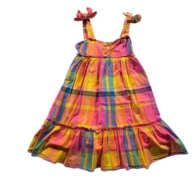Cherokee Plaid Sundress Girls XS 4/5 Pink Orange Cotton Tiered Tie Strap Summer - Image 1 of 4