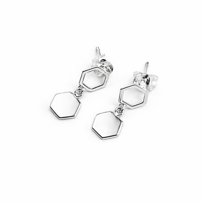 Open Hexagon & Disc Drop Stud Earrings - Sterling Silver #54460