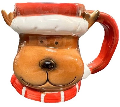 Holiday Time 3D Christmas Reindeer Deer Head Holiday Mug Cup 3D Brown Red Handle