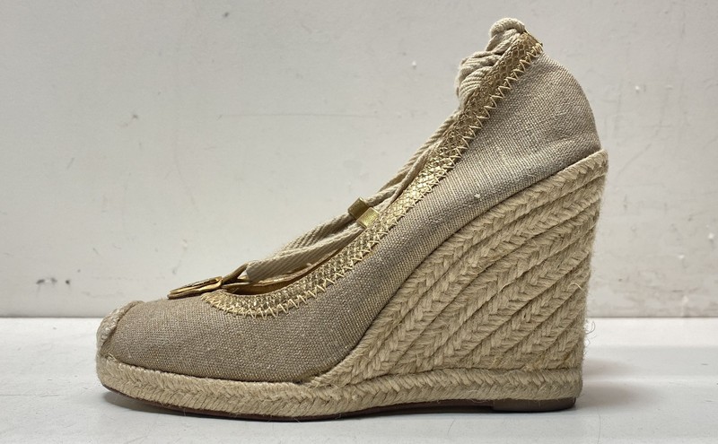 Tory Burch Women's Beige Canvas Lace-Up Wedges Size 5M
