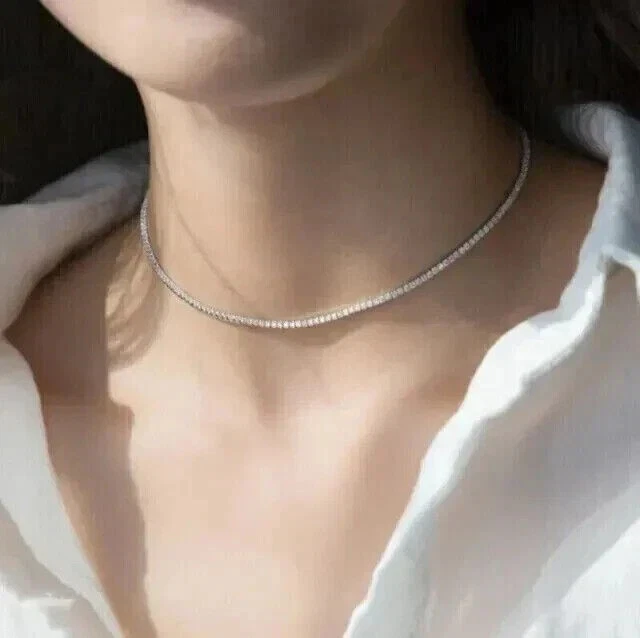 Collar de tenis para mujer enchapado en oro blanco de 14K 16" 3 mm redondo diamante creado en laboratorio Foto 4 de 4