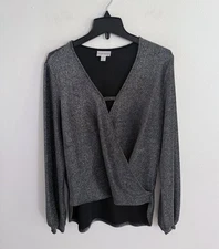 Bisou Bisou Women’s Silver Black Faux Wrap Top Blouse Long Sleeve Size Large