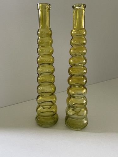 Vintage Pair of Green Beehive Glass Bottle / Vase (H 12")