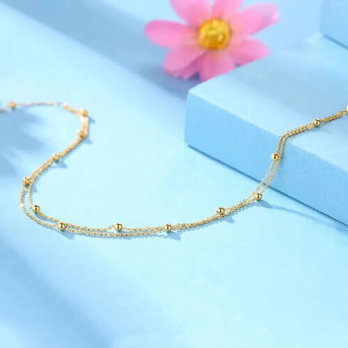 18K Solid Gold Chopin Chain Double layer Bracelet Bead Heart Charm Jewelry 7.1" - Picture 5 of 13