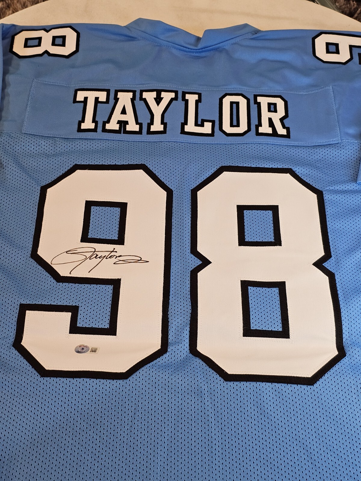 Lawrence Taylor- Autographed Signed Jersey Beckett Sticker Blue Custom Jersey 