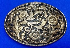 Cowboys Cowgirls Flower Swirl Oval Belt Buckle Around 3" Wide Rope Boarder