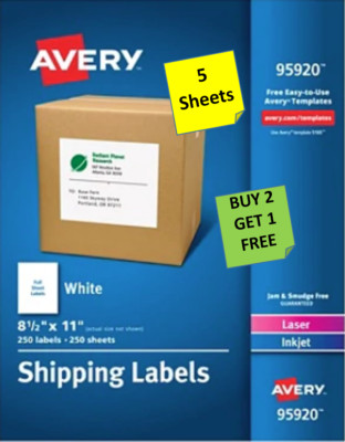 [5 Sheets} Avery 95920/8165 White FULL SHEET Labels INKJET B2G1