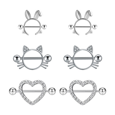 6Pcs Womens Lovely Cat Rabbit Heart CZ Nipple Rings Shield Body Piercing Jewelry