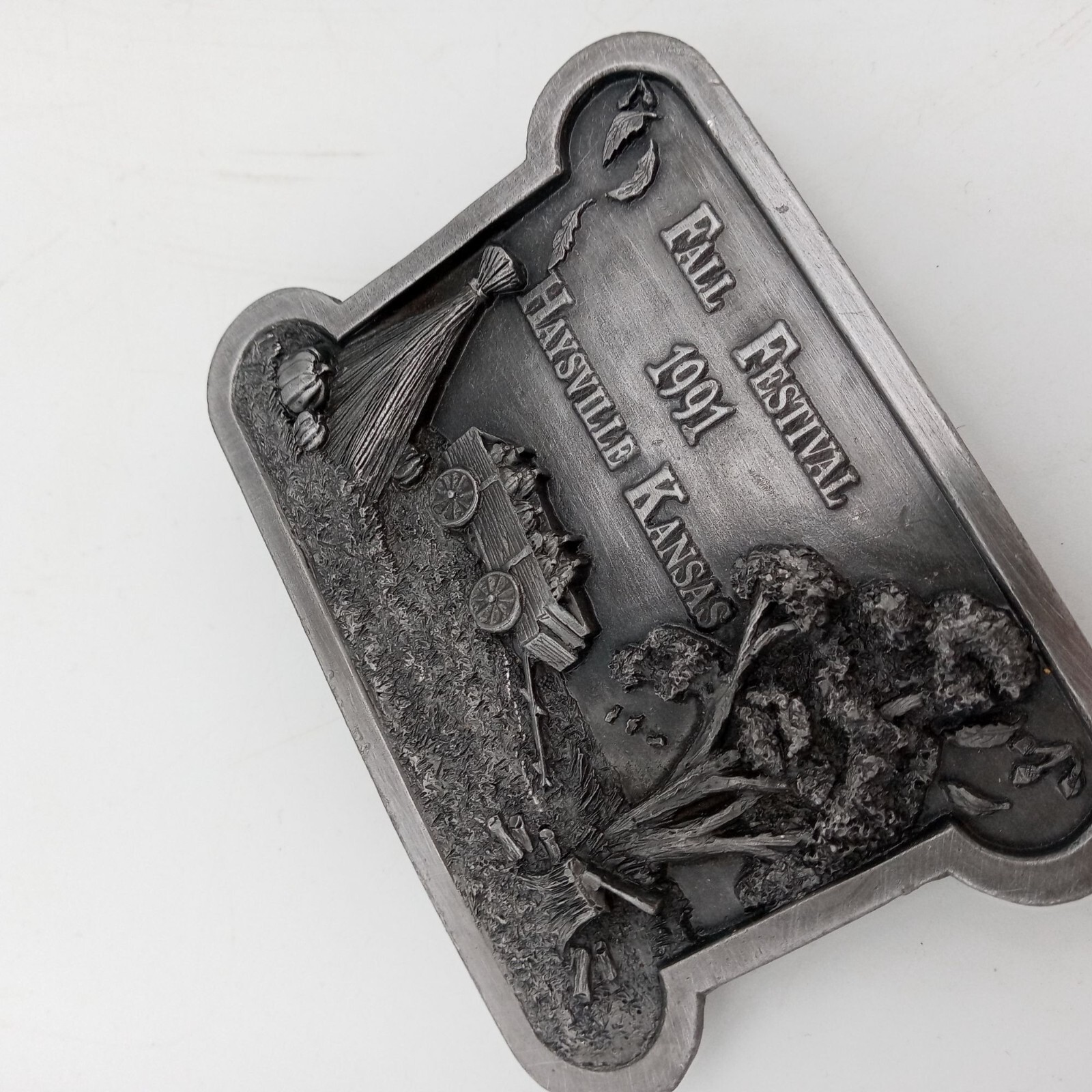 Fall Festival Belt Buckle 1991 Haysville KS Kansas Pumpkin Autumn Wagon