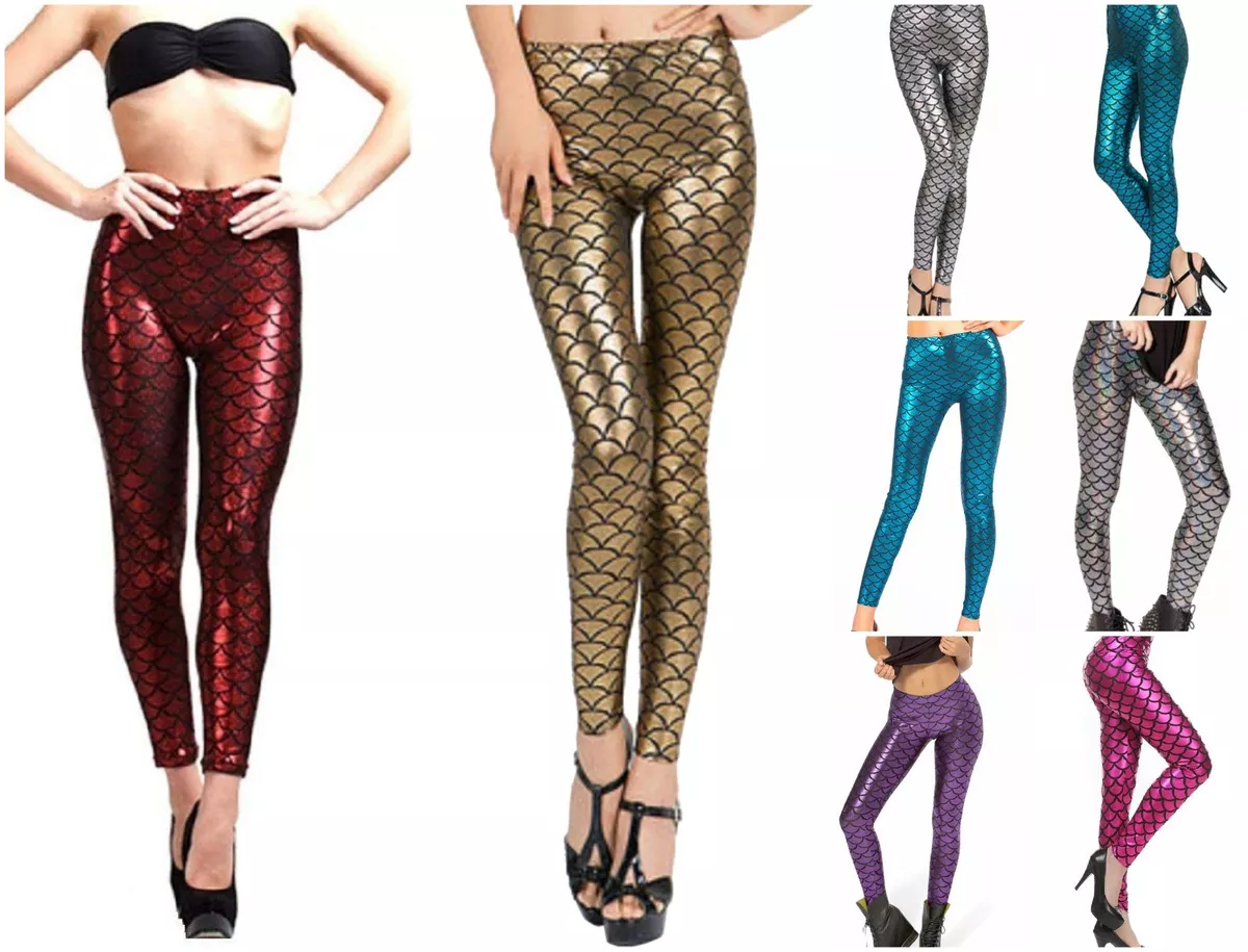 Ladies Mermaid Leggings Metallic Fish Scale Skinny Fancy Dress Party Pants