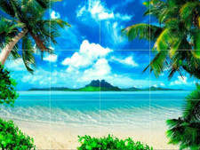 view of tropical beach palm trees ocean sea island ceramic tile mural backsplash