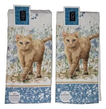 Set of 2 Bohemian Blue CAT & FLOWERS Terry Kitchen Towels by Kay Dee Designs