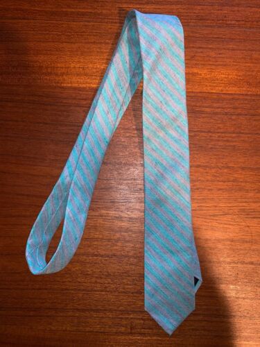 J. Crew Tie 55% Linen 45% Cotton Teal & Grey Stripes - Picture 1 of 5