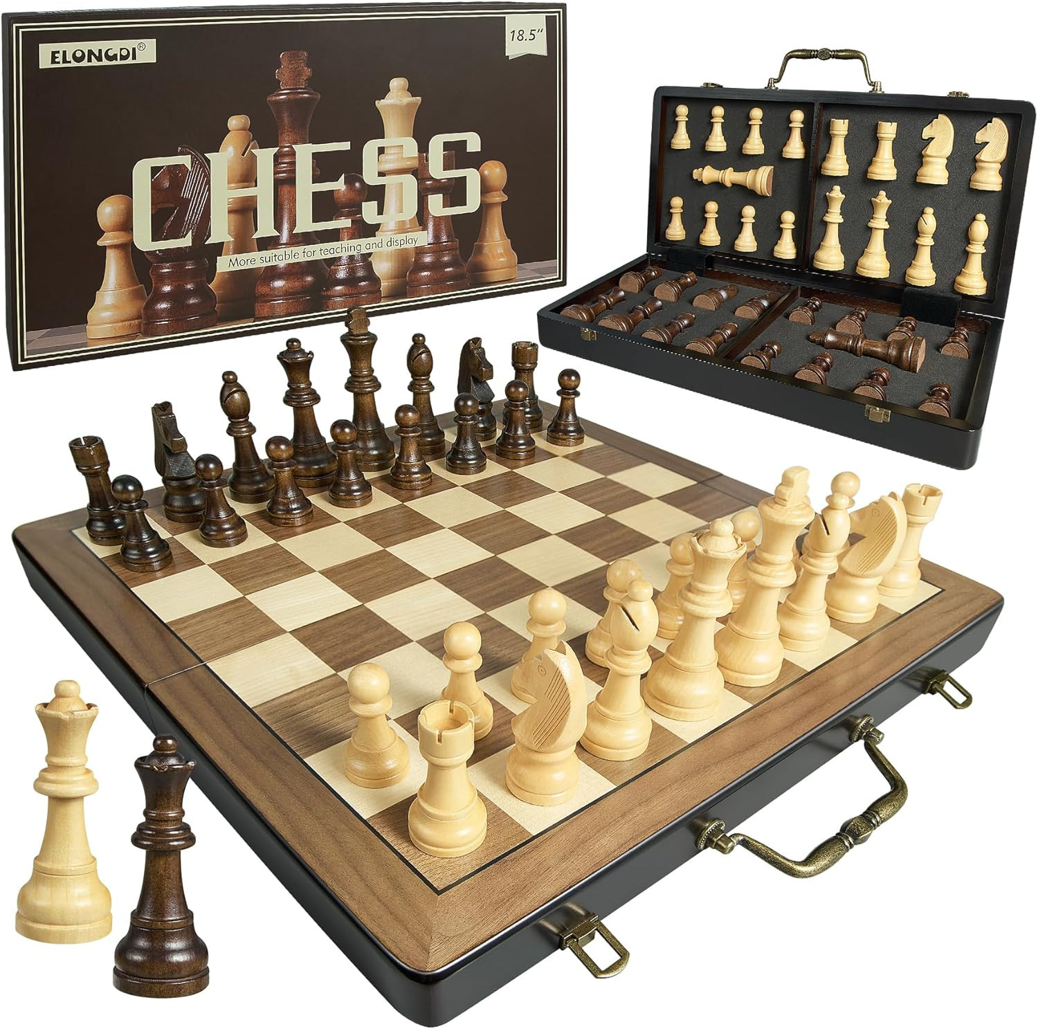 18.5in Folding Wooden Chess Set w/ Handle Large 4.5in King Extra Queens Storage