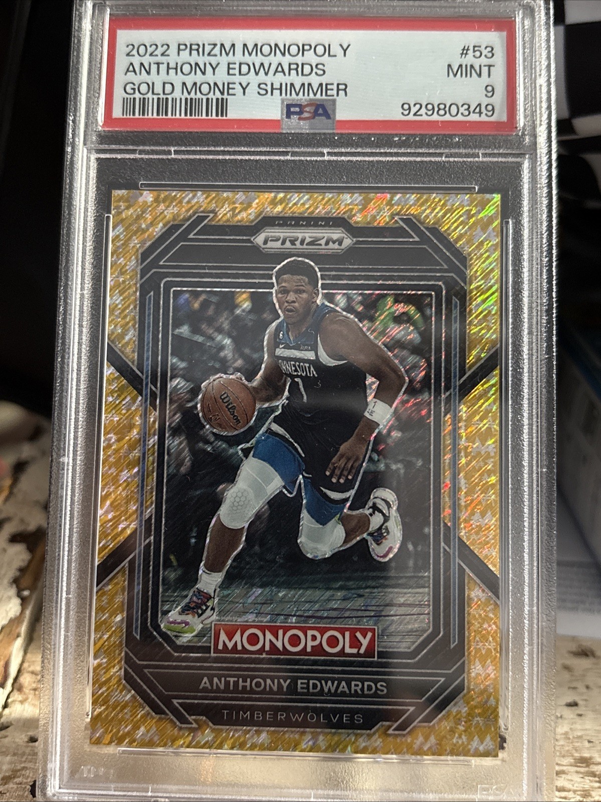2022-23 Panini Prizm Monopoly Anthony Edwards #53 Gold Money Shimmer Prizm /500