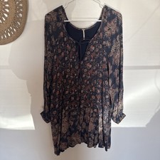 Free People Floral Mini Lucky Loosey Dress size M Long Sleeve Boho Blue Floral