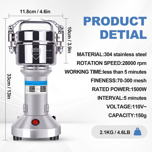 Flour Mill Electric 750g 304 Stainless Steel 2800W - Afbeelding 2 van 5