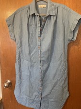 Madewell Womens Dress Size Medium Linen Blend Short Sleeve Blue Full Button