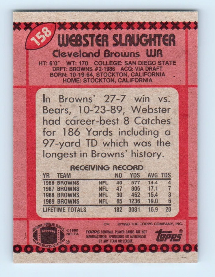 1990 Topps ! Webster Slaughter Cleveland Browns #158 - Image 2 of 2