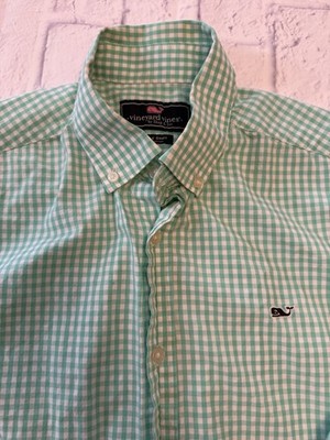 Vineyard Vines Medium Gingham Mint Green Whale Button Up Long Sleeve Shirt