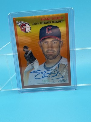Shane Bieber 2023 Topps Chrome Platinum Orange Refractor Auto /25 #CPA-SB