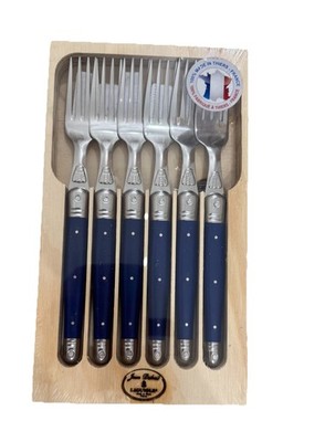 Laguiole Jean Dubost 6er Set Edelstahlgabeln mit blauem Griff.  Neu 