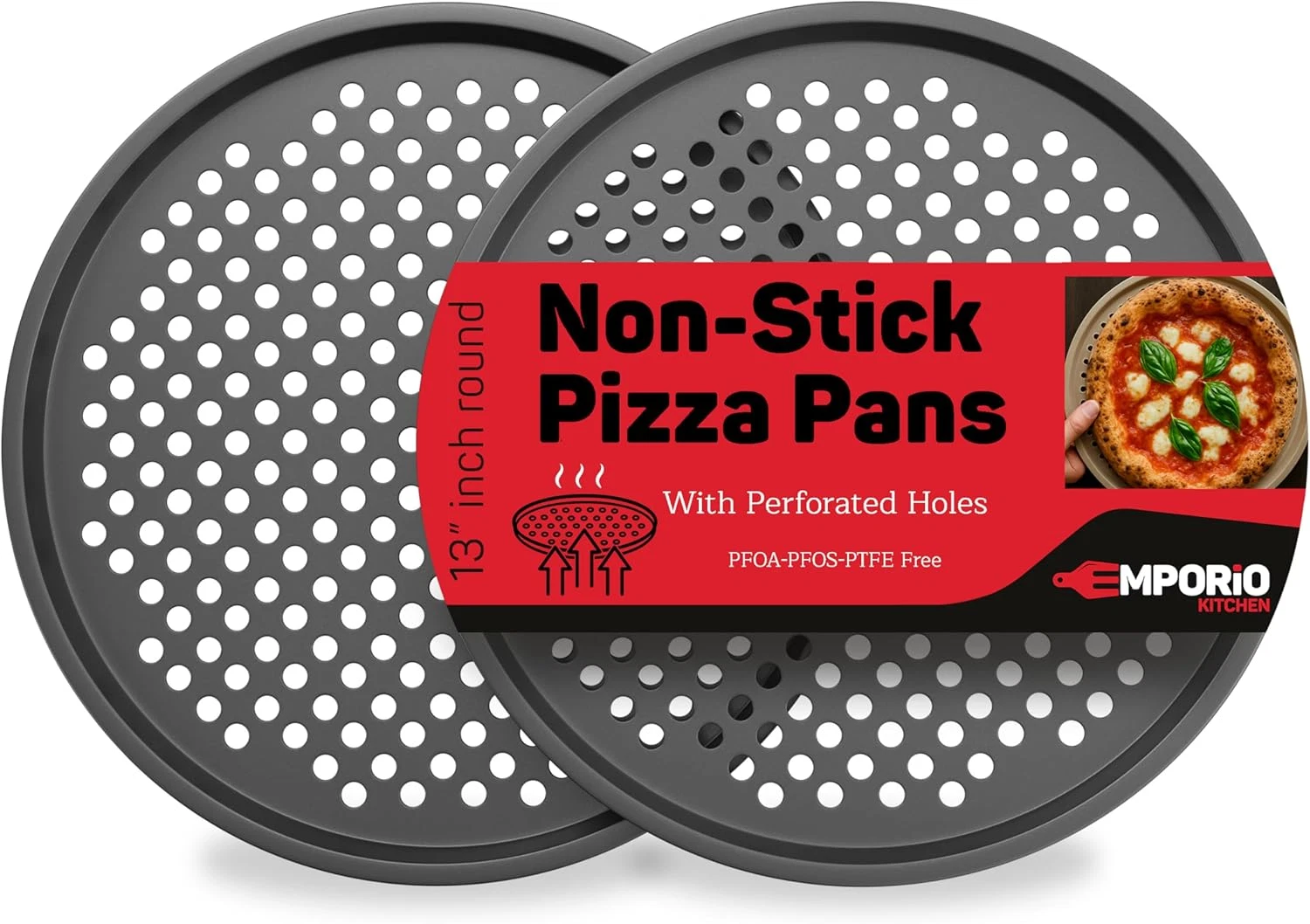 Non-Stick Pizza Pan 2 Pack, 13 Inch round Carbon Steel Pizza Tray with Perforate