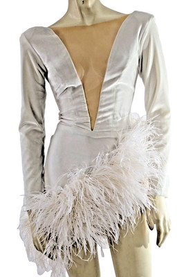 Albina Dyla White Feather Tiered Long Sleeve Bodycon Mini Dress Party Size XS