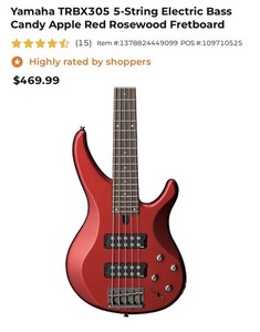 Yamaha TRBX305 5-String Right-Hand Solid Maple, Rosewood Fretboard, Red