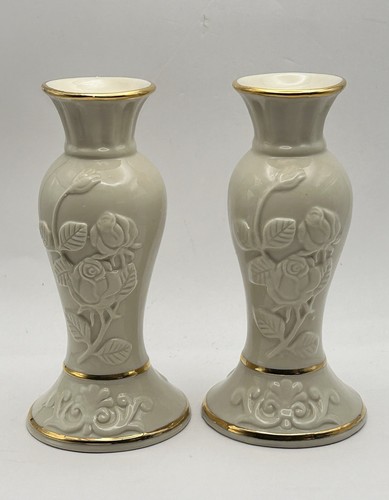 Set Of 2 Ecru White Ceramic Candle Holders W/ Gold Trim Floral Design 5 ...