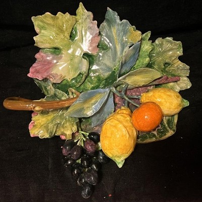 Old Vintage Ceramic Art Pottery Wall Pocket Vase Fruit Majolica Faience Fruits