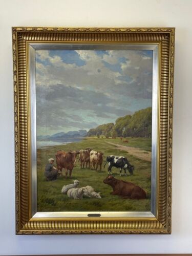 Antique Oil on Canvas -Olaf Simony Jensen-Cows and Sheep with Milkmaid 36x28in