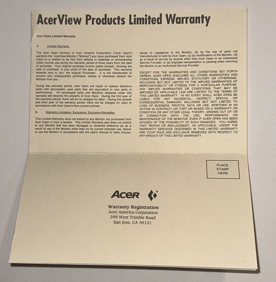 ACER ACERVIEW Computer Limited Warranty Registration Card Never Sent In San Jose - Image 2 of 4